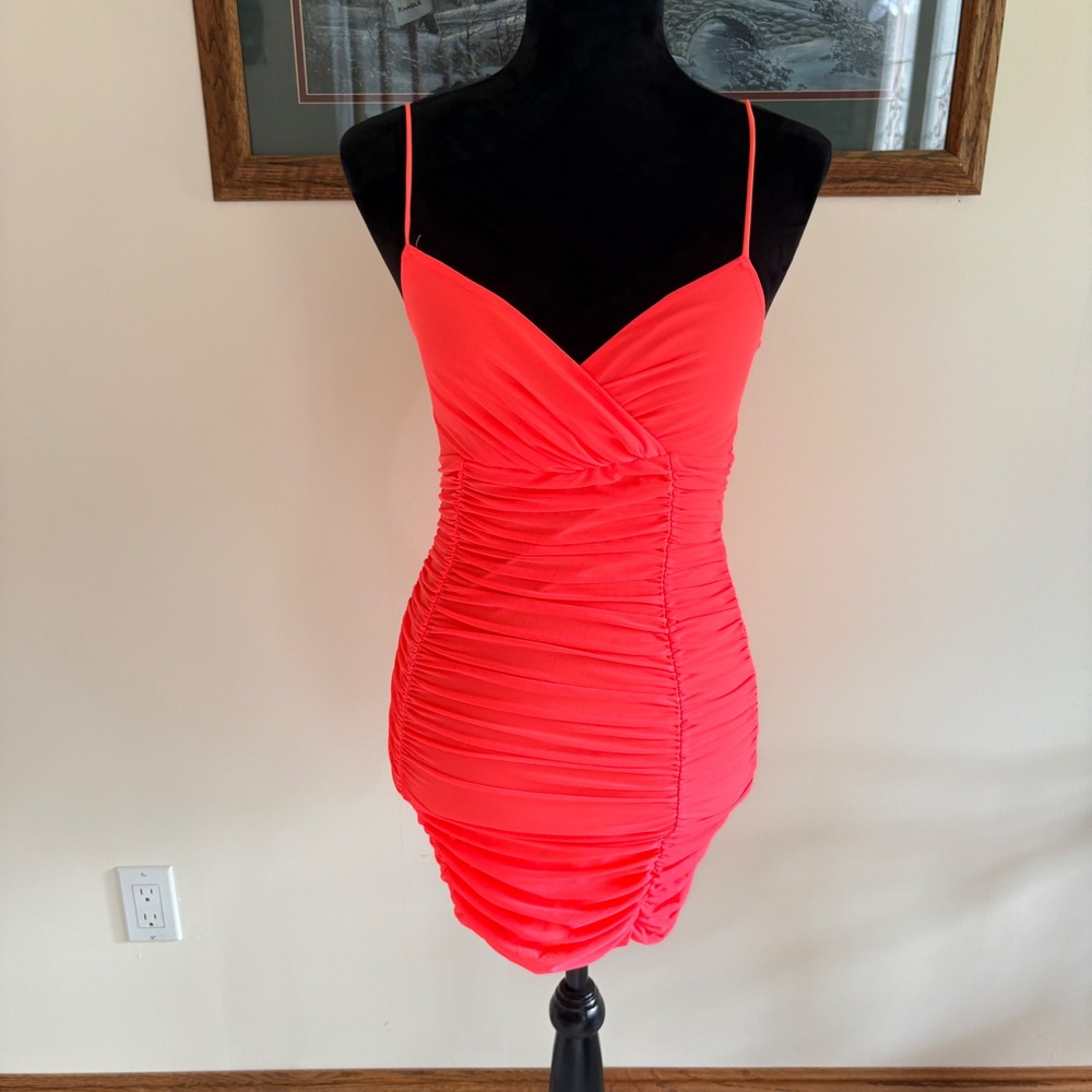 Lucy In The Sky Ruched Bodycon Mini Dress Womens Small Neon Coral Pink Party